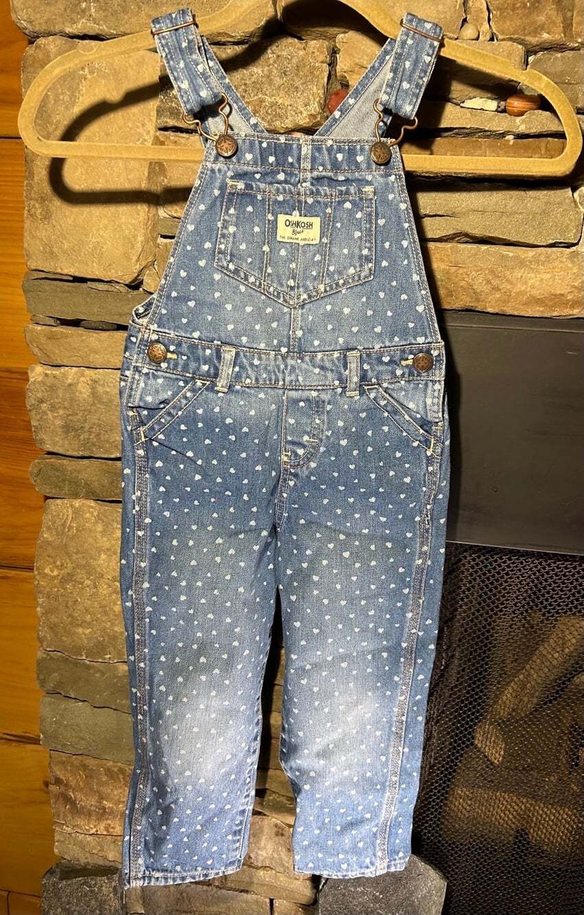 Osh Kosh Bgosh Girls 4T Denim Overalls with white hearts pattern